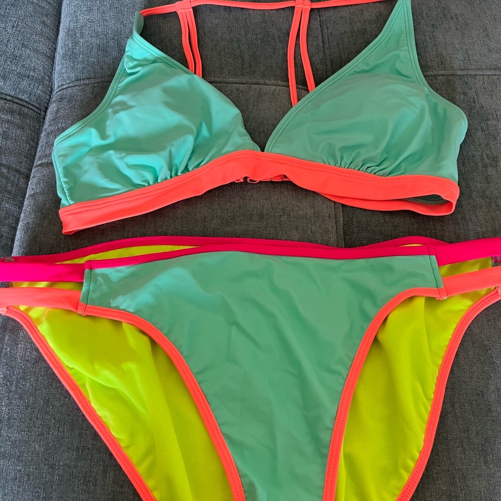 No Boundaries Green and Neon Pink Bikini